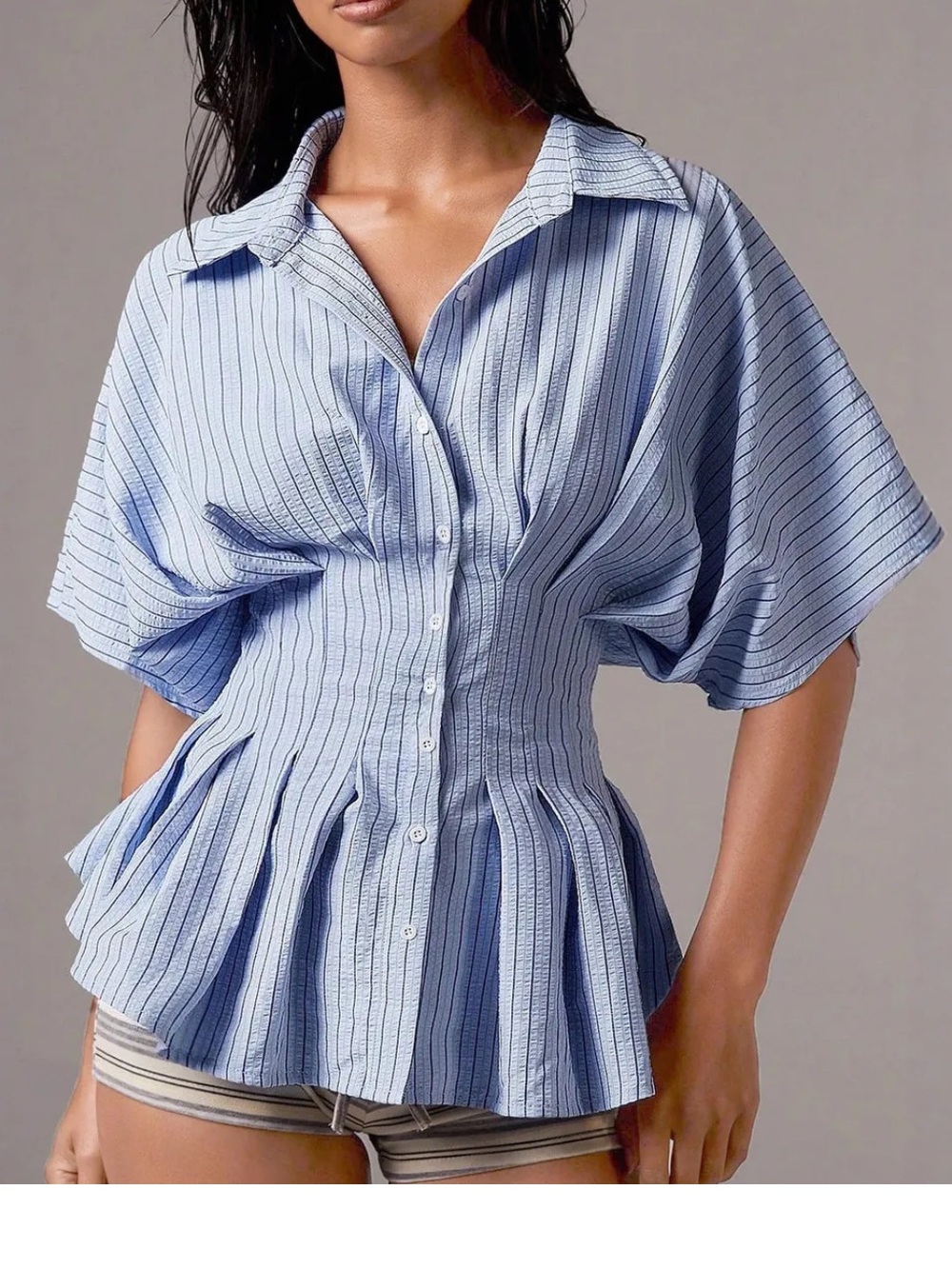 Amazon Light Blue Striped Peplum Button-Down Shirt